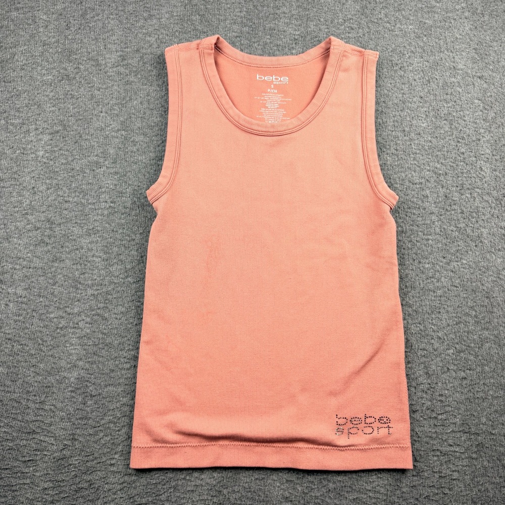 Bebe Sport Pink Women's S Small Ribbed Rhinestone Logo‎ Tank Top